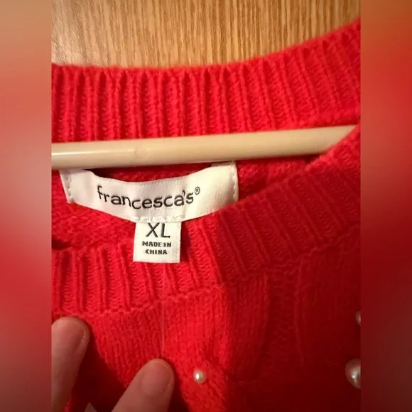 Francesca’s Beverly Pearl Embellished Cable Pullover Sweater Red - Picture 4 of 7